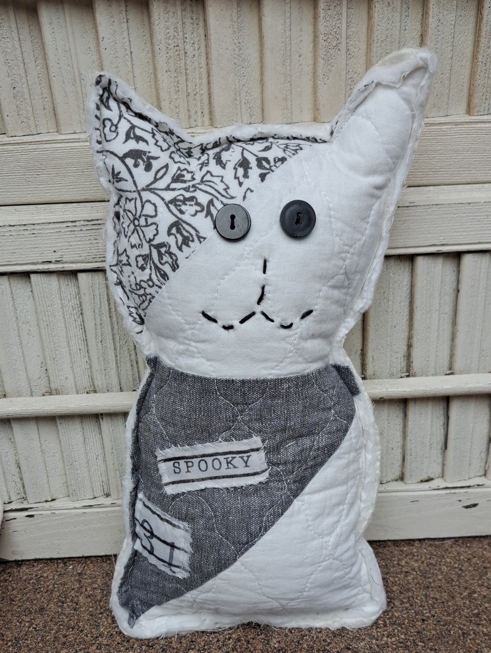 Handmade Cat Plush Pillow - White and Gray Spooky Design